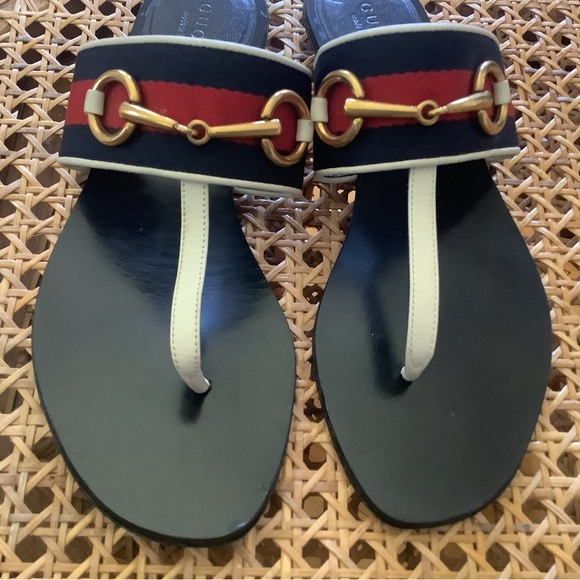 Gucci Black and Red Sandals with Gold Accents - Picture 1 of 7
